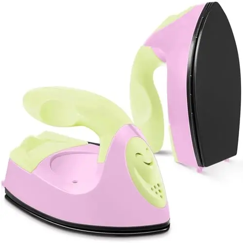 Honoson Mini Craft Iron Mini Heat Press Small Iron 3.93 x 2.36 x 2.76 Portable Tiny Flatiron with Charging Base Accessory for Fuse Bead Patch DIY Heat Transfer Vinyl (Light Yellow, Light Pink) - 1