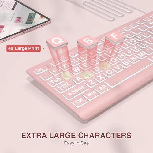 SABLUTE Large Print Backlit Keyboard, Wired USB Lighted Computer Keyboards with 7-Color & 4 Modes Backlit, Oversize Letters Keys Easy to See and Type, Quiet Keyboard Compatible for PC, Laptop -Pink - 2