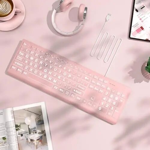 SABLUTE Large Print Backlit Keyboard, Wired USB Lighted Computer Keyboards with 7-Color & 4 Modes Backlit, Oversize Letters Keys Easy to See and Type, Quiet Keyboard Compatible for PC, Laptop -Pink - 5