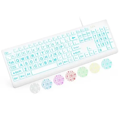 SABLUTE Large Print Backlit Keyboard, Wired USB Lighted Computer Keyboards with 7-Color & 4 Modes Backlit, Oversize Letters Keys Easy to See and Type, Keyboard Compatible for PC, Laptop (White) - 1