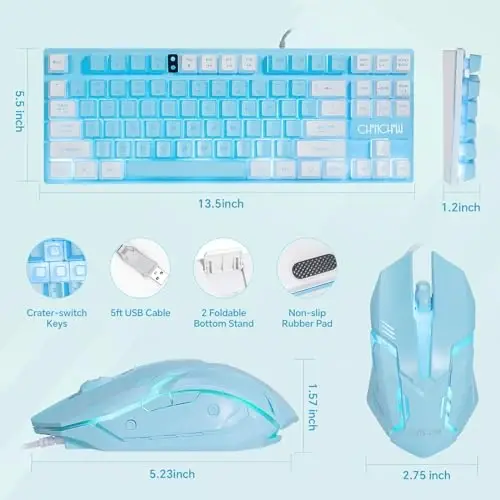 CHONCHOW Blue Keyboard and Mouse Combo, 87 Keys TKL USB Wired LED Light Up Backlit Keyboard, 800-3200 DPI RGB Mouse, Blue Mouse and Keyboard Combo for PS4 PS5 PC Laptop Mac Computers - 2