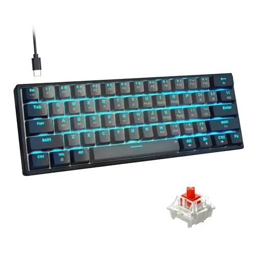 Snpurdiri 60% Wired Mechanical Gaming Keyboard, Ice Blue LED Backlit 61 Keys Mini Wired Office Keyboard for Windows Laptop PC Mac (Black-Grey, Red Switches) - SNPURDIRI