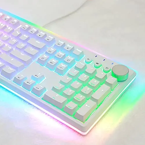 i-rocks K71M RGB Mechanical Gaming Keyboard with Media Control Knob, Blue Switches, 107 Keys w/Full NKRO, PBT Keycaps, Multimedia Hotkeys, Detachable USB-C Cable and Onboard Storage, White - 2