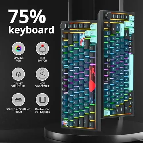 SbocKeeb 75 Percent Keyboard Gasket-Mounted with Sound Absorbing Pads, 82-Key Compact Wired RGB Mechanical Gaming Keyboard Hot-Swap Socket for Win, Monster - 2