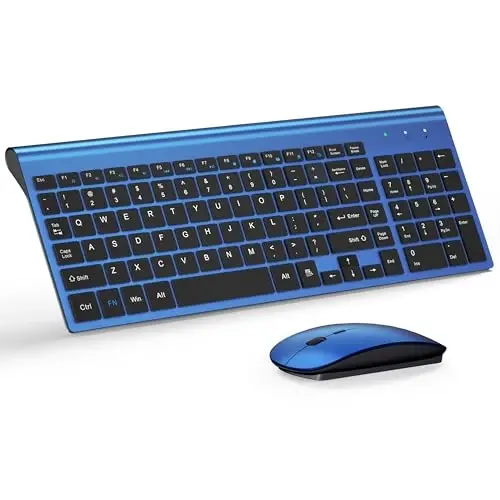 TopMate Wireless Keyboard and Mouse Ultra Slim Combo, 2.4G Silent Compact USB Mouse and Scissor Switch Keyboard Set with Cover, 2 AA and 2 AAA Batteries, for PC/Laptop/Windows/Mac - Blue Black 