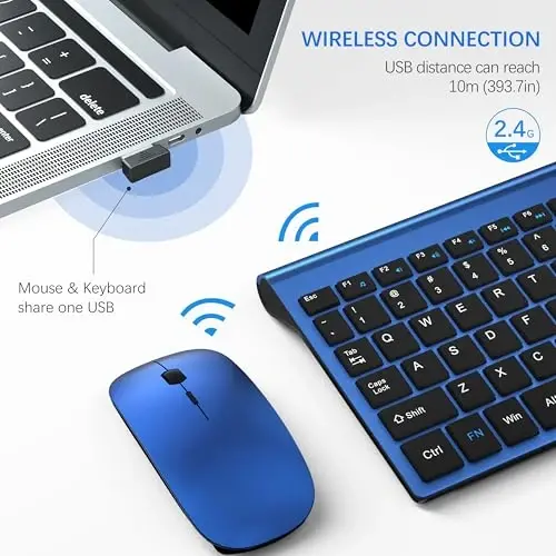 TopMate Wireless Keyboard and Mouse Ultra Slim Combo, 2.4G Silent Compact USB Mouse and Scissor Switch Keyboard Set with Cover, 2 AA and 2 AAA Batteries, for PC/Laptop/Windows/Mac - Blue Black - 3