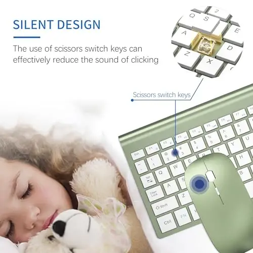 Wireless Keyboard and Mouse Ultra Slim Combo, TopMate 2.4G Silent Compact USB 2400DPI Mouse and Scissor Switch Keyboard Set with Cover, Batteries Included, for PC/Laptop/Windows/Mac - Green White - 2