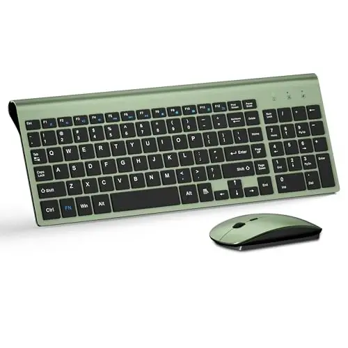 Wireless Keyboard and Mouse Ultra Slim Combo, TopMate 2.4G Silent Compact USB 2400DPI Mouse and Scissor Switch Keyboard Set with Cover, Batteries Included, for PC/Laptop/Windows/Mac - Green Black - 1