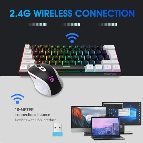 Snpurdiri 2.4G Wireless Gaming Keyboard and Mouse Combo, Include Small 60% Merchanical Feel Keyboard, Ergonomic Design Mini Wireless Mouse(White and Black) - 2