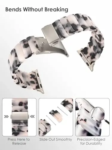 V.R.HOPE Apple Watch Band for Series 11/10/9/8/7/Ultra3 46mm 45mm 44mm 42mm 49mm Fashion Lightweight Resin Dressy Strap for Women Bracelet Compatible with iWatch 6/5/4/3/2/1/SE (Black Floral-Starlight) - 3