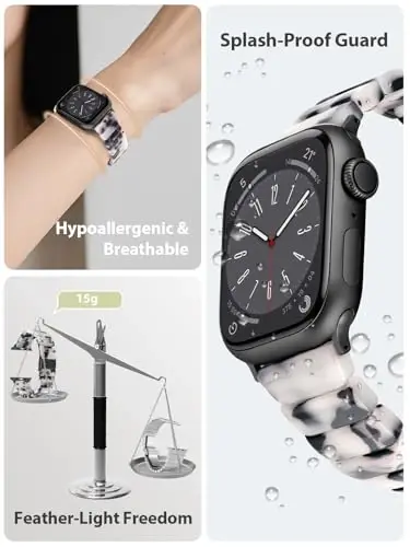 V.R.HOPE Apple Watch Band for Series 11/10/9/8/7 38mm 40mm 41mm 42mm Fashion Lightweight Resin Dressy Strap for Women Bracelet Compatible with iWatch Series 6/5/4/3/2/1/SE (Black Floral) - 2