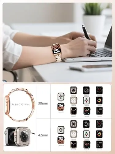 V.R.HOPE Resin Watch Band Compatible with Apple Watch Band for Women 38mm 40mm 41mm 42mm Rose Gold Fashion Lightweight Bracelet Strap for iWatch Series 11/10/9/8/7/6/5/4/3/2/1/SE3(Nougat White) 