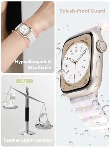 V.R.HOPE Apple Watch Band for Series11/10/9/8/7/Ultra3 46mm45mm44mm42mm49mm Fashion Lightweight Resin Dressy Strap for Women Bracelet Compatible with iWatch 6/5/4/3/2/1/SE(Fluorescent White-Starlight) - 2