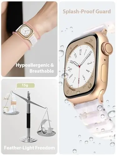 V.R.HOPE Apple Watch Band for Series 11/10/9/8/7 38mm 40mm 41mm 42mm Fashion Lightweight Resin Dressy Strap for Women Bracelet Compatible with iWatch Series 6/5/4/3/2/1/SE (Fluorescent White) - 2