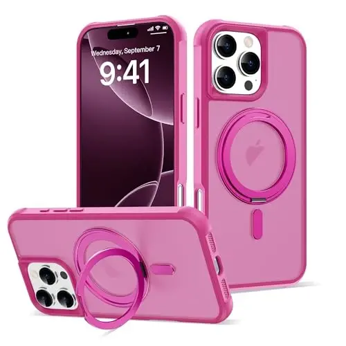 TOKVANZ for iPhone 16 Pro Max Case with 360° Rotatable Magnetic Ring Stand [Compatible Mag-Safe] [Military Grade Protection] Translucent Phone Cases for Women Men 6.9'', Rose Red - 1