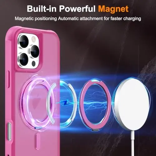 TOKVANZ for iPhone 16 Pro Max Case with 360° Rotatable Magnetic Ring Stand [Compatible Mag-Safe] [Military Grade Protection] Translucent Phone Cases for Women Men 6.9'', Rose Red - 3