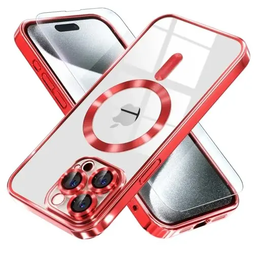Misea Magnetic for iPhone 15 Pro Case Compatible with MagSafe Red | [Never Yellowing] [Military Drop Protection] Full Camera Lens Protector Plating Soft Clear Phone Case for Women, Red 