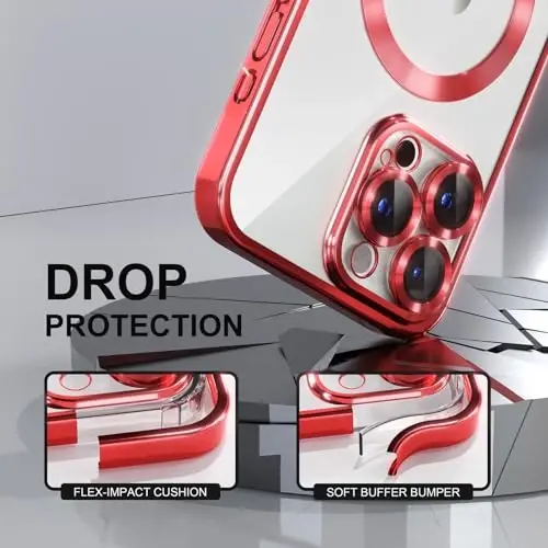 Misea Magnetic for iPhone 15 Pro Case Compatible with MagSafe Red | [Never Yellowing] [Military Drop Protection] Full Camera Lens Protector Plating Soft Clear Phone Case for Women, Red - 4