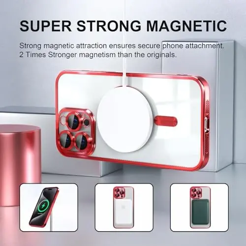 Misea Magnetic for iPhone 15 Pro Case Compatible with MagSafe Red | [Never Yellowing] [Military Drop Protection] Full Camera Lens Protector Plating Soft Clear Phone Case for Women, Red - 5