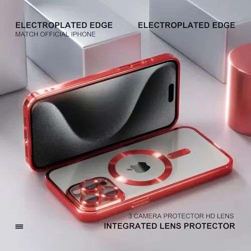 Misea Magnetic for iPhone 15 Pro Case Compatible with MagSafe Red | [Never Yellowing] [Military Drop Protection] Full Camera Lens Protector Plating Soft Clear Phone Case for Women, Red - 6