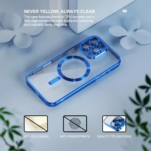 Misea Magnetic for iPhone 16 Pro Max Case Compatible with MagSafe | [Never Yellowing] [Military Drop Protection] Full Camera Lens Protector Plating Soft Clear Phone Case for Women, Deep Blue - 3