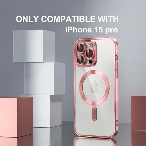 Misea Magnetic for iPhone 15 Pro Case Compatible with MagSafe Pink | [Never Yellowing] [Military Drop Protection] Full Camera Lens Protector Plating Soft Clear Phone Case for Women, Pink - 2