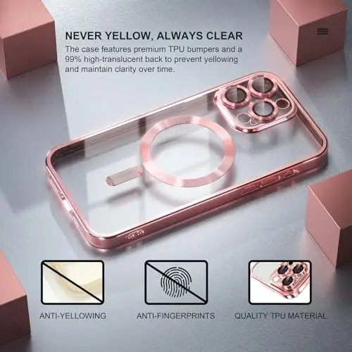 Misea Magnetic for iPhone 15 Pro Case Compatible with MagSafe Pink | [Never Yellowing] [Military Drop Protection] Full Camera Lens Protector Plating Soft Clear Phone Case for Women, Pink - 3