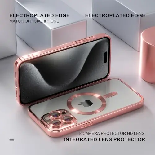 Misea Magnetic for iPhone 15 Pro Case Compatible with MagSafe Pink | [Never Yellowing] [Military Drop Protection] Full Camera Lens Protector Plating Soft Clear Phone Case for Women, Pink - 6