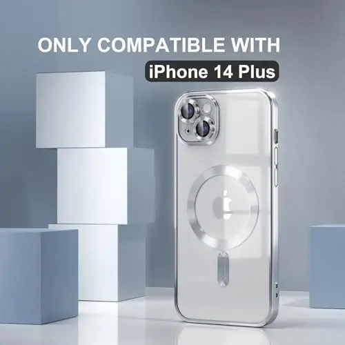 Misea Magnetic for iPhone 14 Plus Case Compatible with MagSafe Silver | [Never Yellowing] [Military Drop Protection] Full Camera Lens Protector Plating Soft Clear Phone Case for Women, Silver - MISEA (1)