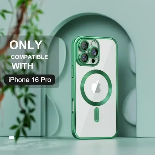 Misea Magnetic for iPhone 16 Pro Case Compatible with MagSafe Green | [Never Yellowing] [Military Drop Protection] Full Camera Lens Protector Plating Soft Clear Phone Case for Women, Green - MISEA (1)