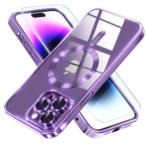Misea Magnetic for iPhone 14 Pro Max Case Compatible with MagSafe | [Never Yellowing] [Military Drop Protection] Full Camera Lens Protector Plating Soft Clear Phone Case for Women, Deep Purple 