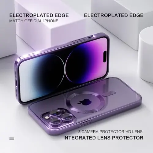 Misea Magnetic for iPhone 14 Pro Max Case Compatible with MagSafe | [Never Yellowing] [Military Drop Protection] Full Camera Lens Protector Plating Soft Clear Phone Case for Women, Deep Purple - 6