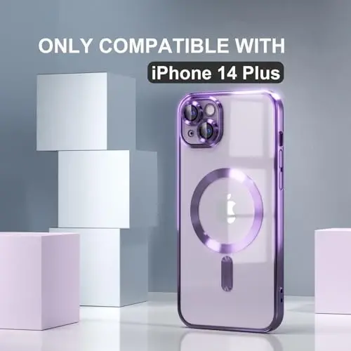 Misea Magnetic for iPhone 14 Plus Case Compatible with MagSafe | [Never Yellowing] [Military Drop Protection] Full Camera Lens Protector Plating Soft Clear Phone Case for Women, Deep Purple - MISEA (1)