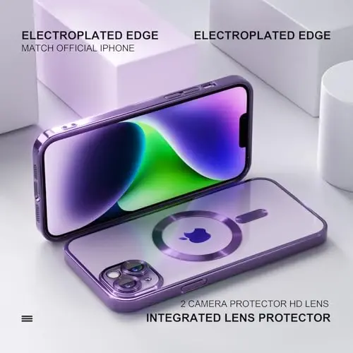 Misea Magnetic for iPhone 14 Plus Case Compatible with MagSafe | [Never Yellowing] [Military Drop Protection] Full Camera Lens Protector Plating Soft Clear Phone Case for Women, Deep Purple - 6