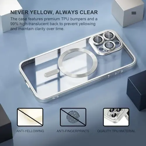 Misea Magnetic for iPhone 15 Pro Case Compatible with MagSafe | Never Yellowing, Military Drop Protection, Full Camera Lens Protector Plating Soft Clear Phone Case Women, Titanium Silver - 3