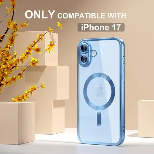 Misea Magnetic for iPhone 17 Case Compatible with MagSafe Light Blue | [Never Yellowing] [Military Drop Protection] Full Camera Lens Protector Plating Soft Clear Phone Case for Women, Sky Blue - 2