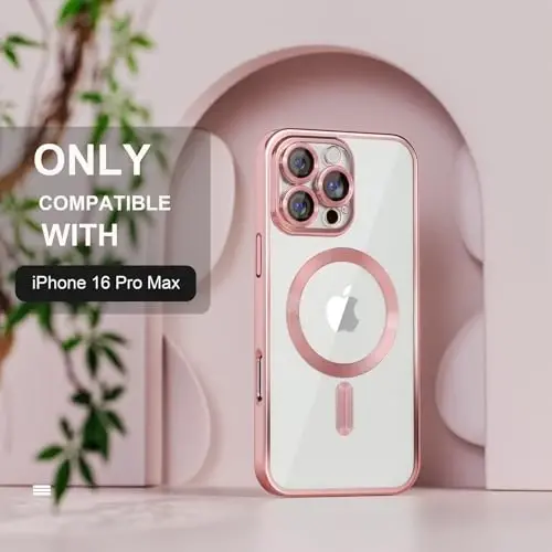 Misea Magnetic for iPhone 16 Pro Max Case Compatible with MagSafe Pink | [Never Yellowing] [Military Drop Protection] Full Camera Lens Protector Plating Soft Clear Phone Case for Women, Pink - MISEA (1)