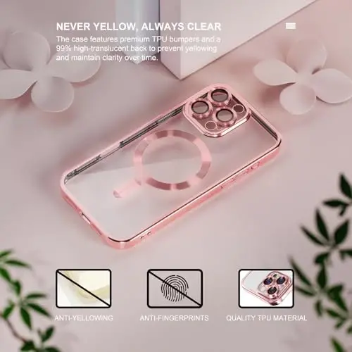 Misea Magnetic for iPhone 16 Pro Max Case Compatible with MagSafe Pink | [Never Yellowing] [Military Drop Protection] Full Camera Lens Protector Plating Soft Clear Phone Case for Women, Pink - 3