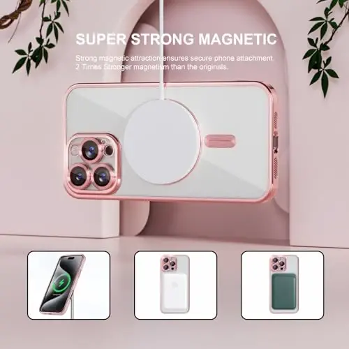 Misea Magnetic for iPhone 16 Pro Max Case Compatible with MagSafe Pink | [Never Yellowing] [Military Drop Protection] Full Camera Lens Protector Plating Soft Clear Phone Case for Women, Pink - 5