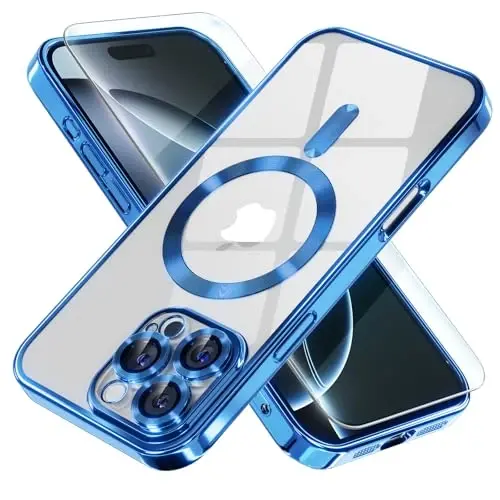 Misea Magnetic for iPhone 16 Pro Case Compatible with MagSafe | [Never Yellowing] [Military Drop Protection] Full Camera Lens Protector Plating Soft Clear Phone Case for Women, Deep Blue 