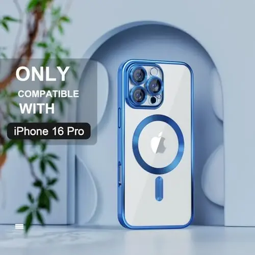 Misea Magnetic for iPhone 16 Pro Case Compatible with MagSafe | [Never Yellowing] [Military Drop Protection] Full Camera Lens Protector Plating Soft Clear Phone Case for Women, Deep Blue - MISEA (1)