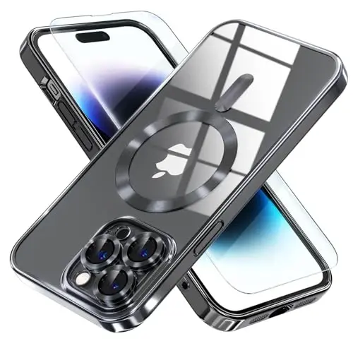 Misea Magnetic for iPhone 14 Pro Case Compatible with MagSafe Black | [Never Yellowing] [Military Drop Protection] Full Camera Lens Protector Plating Soft Clear Phone Case for Women, Black - 1