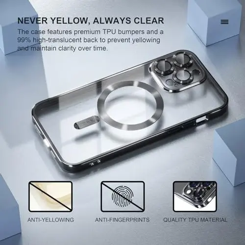 Misea Magnetic for iPhone 14 Pro Case Compatible with MagSafe Black | [Never Yellowing] [Military Drop Protection] Full Camera Lens Protector Plating Soft Clear Phone Case for Women, Black - 3