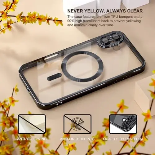 Misea Magnetic for iPhone 17 Case Compatible with MagSafe Black | [Never Yellowing] [Military Drop Protection] Full Camera Lens Protector Plating Soft Clear Phone Case for Women, Black - 3