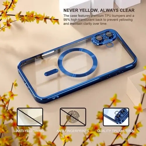 Misea Magnetic for iPhone 17 Case Compatible with MagSafe | [Never Yellowing] [Military Drop Protection] Full Camera Lens Protector Plating Soft Clear Phone Case for Women, Deep Blue - 3