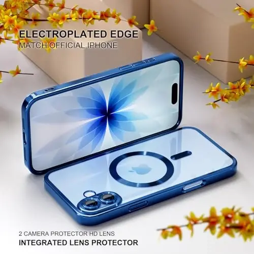 Misea Magnetic for iPhone 17 Case Compatible with MagSafe | [Never Yellowing] [Military Drop Protection] Full Camera Lens Protector Plating Soft Clear Phone Case for Women, Deep Blue - 6