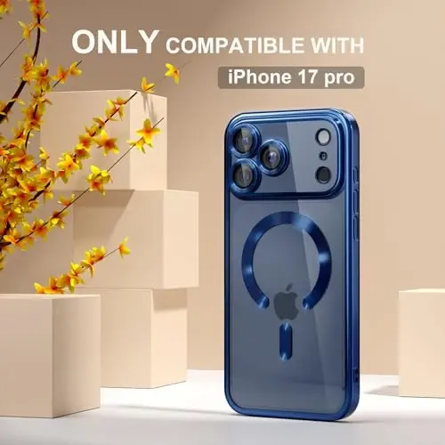 Misea Magnetic for iPhone 17 Pro Case Compatible with MagSafe | [Never Yellowing] [Military Drop Protection] Full Camera Lens Protector Plating Soft Clear Phone Case for Women, Deep Blue - MISEA (1)