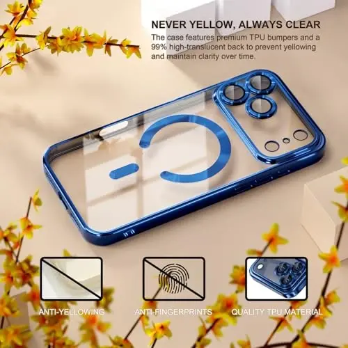 Misea Magnetic for iPhone 17 Pro Case Compatible with MagSafe | [Never Yellowing] [Military Drop Protection] Full Camera Lens Protector Plating Soft Clear Phone Case for Women, Deep Blue - 3