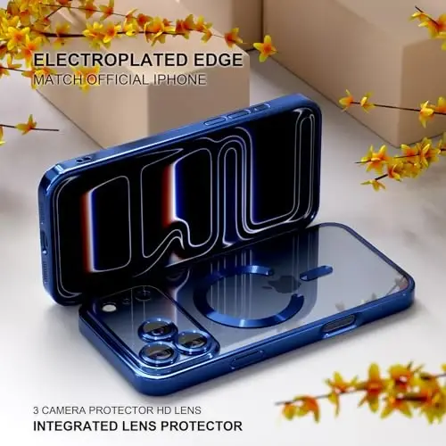 Misea Magnetic for iPhone 17 Pro Case Compatible with MagSafe | [Never Yellowing] [Military Drop Protection] Full Camera Lens Protector Plating Soft Clear Phone Case for Women, Deep Blue - 6