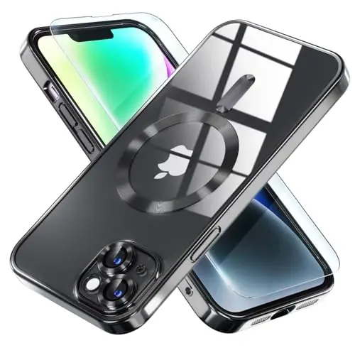 Misea Magnetic for iPhone 14 Case Compatible with MagSafe Black | [Never Yellowing] [Military Drop Protection] Full Camera Lens Protector Plating Soft Clear Phone Case for Women, Black 